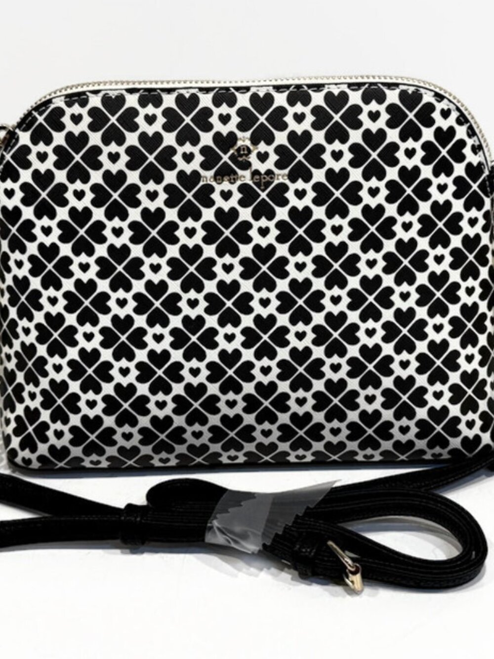 Nanette Lepore Black and White Heart Pattern Crossbody Bag, Gold Metal Hardware